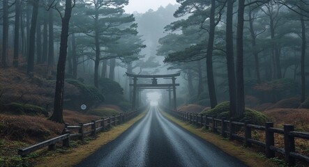 Medieval Japanese road surrounded by dense forest and fog in winter