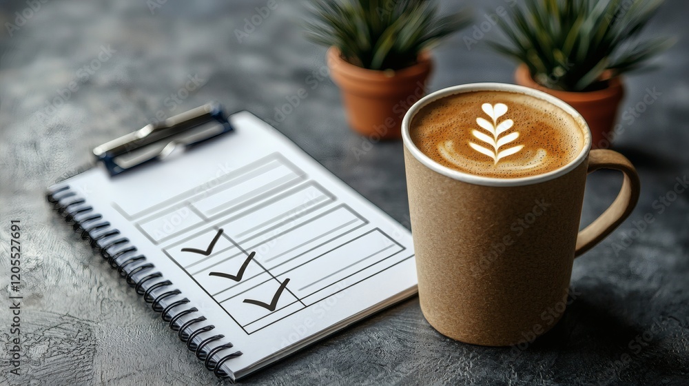 Poster professional starting the day with a checklist and a cup of coffee in a calm environment stock photo