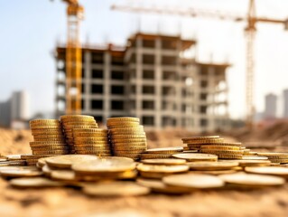 Stacks of coins in the foreground with a construction site in the background.