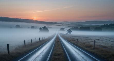 Naklejka premium Misty road through foggy plains at dawn background