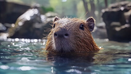 A cute capybara enjoys a lazy afternoon in a pond, surrounded by lush greenery. The playful animal relaxes in its natural habitat, embodying the tranquility and charm of wildlife.