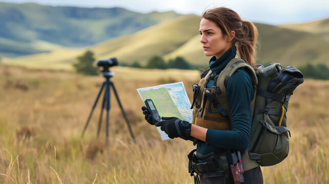 young female explorer with a map and GPS device, wearing tactical vest and backpack, standing in vast open field with tripod in the background, symbolizing navigation, research, concept of exploration