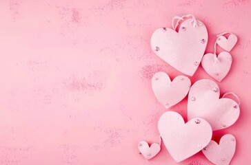 Paper pink hearts fly on soft pink color background, border, copy space. Valentine day concept for design.