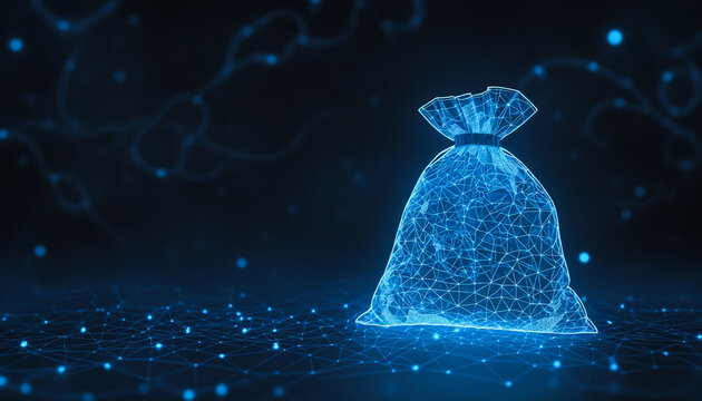 Hologram dollar symbol, Digital blue hologram money bag with a dollar sign