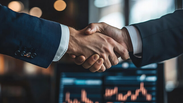 A firm handshake between partners marking a successful deal, driving global growth through data analysis, AI, technology, security, blockchain, and strategy.