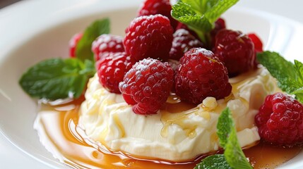 Creamy Mascarpone cheese served with honey drizzled over fresh raspberries and mint leaves.