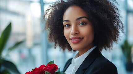 A modern corporate setting with a professional woman holding roses and radiating positivity