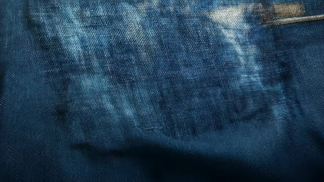 Close-up view of denim fabric displaying intricate weave patterns and natural color variations under soft lighting