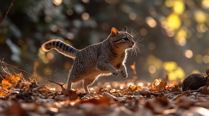 Fototapeta premium Spotted cat leaps through autumn leaves, backlit.