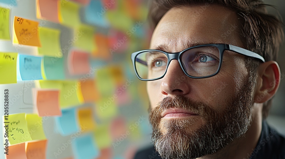 Poster Professional participating in a hybrid brainstorming session using a virtual collaboration app Stock Photo with side copy space