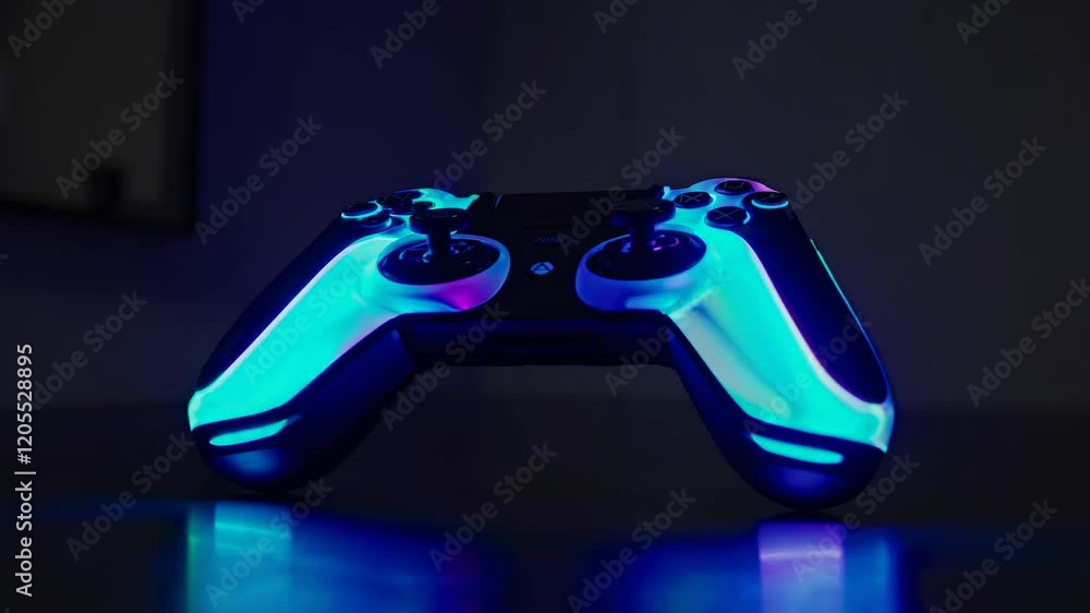 Poster wireless gamepad featuring rgb lighting creates a vibrant glow, enhancing the gaming setup in a dark