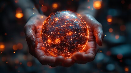 A detailed hand holding a glowing globe with a network of AI connections, surrounded by technological innovation, in a futuristic style 