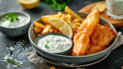 Creamy tartar sauce served alongside golden fish and chips.