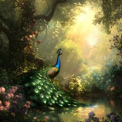Majestic peacock in enchanted forest, sunlit stream