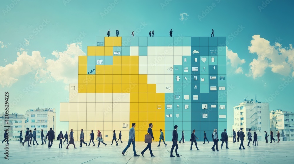 Poster illustration of a hybrid workweek planner highlighting tasks for remote and on-site days stock photo