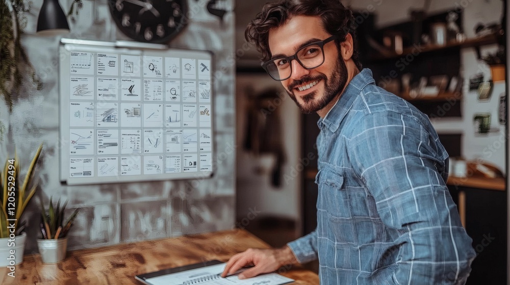 Poster Illustration of a hybrid workweek planner highlighting tasks for remote and on-site days Stock Photo with side copy space