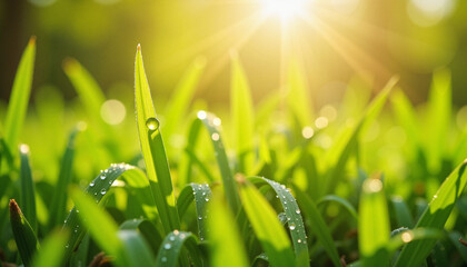 Fototapeta premium Glowing grass with dewdrops illuminated by sunlight, symbolizing growth, Sabzeh Sprouts, Nowruz 