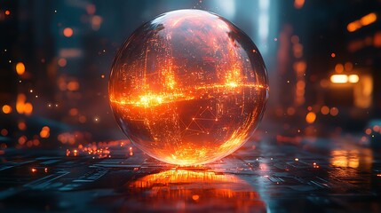 A sphere connected by neural networks, digital technology creating market expansion, with globalization and code streams, in a sleek, modern design 