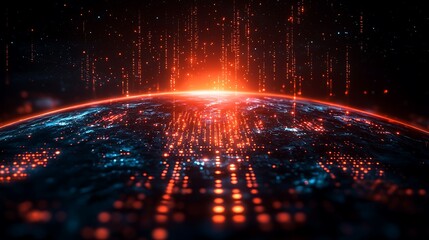 Binary code flowing through edge computing infrastructure, transforming information technology on a planetary scale, surrounded by cross-border trade elements 