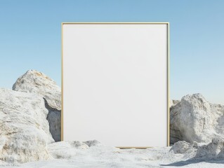 A blank frame set against rocky terrain and a clear sky, ideal for showcasing art or messages.