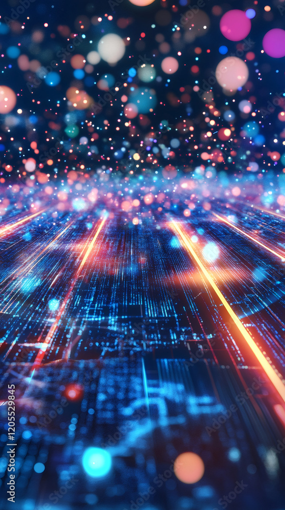 Leinwandbilder Abstract technology background showing colorful bokeh lights floating over circuit board and data stream