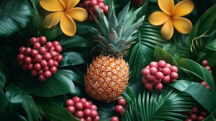 Fototapeta premium Pineapple and berries on a lush tropical background