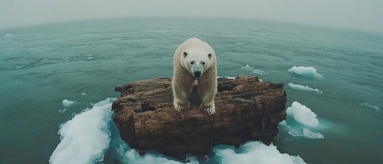 Polar Bear Standing on Rock Amidst Arctic Ice Floes