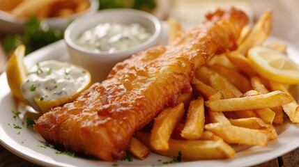 Creamy tartar sauce served alongside golden fish and chips.