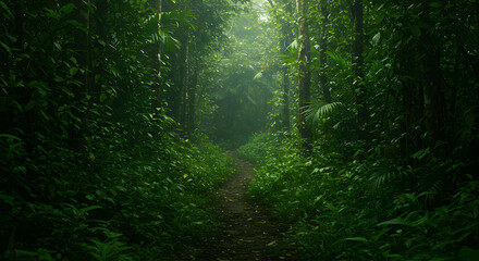 Obraz premium Within the depths of the jungle, shadows intertwine with vibrant green light.