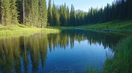 Obraz premium Serene Mountain Lake Reflection- Tranquil Forest Landscape