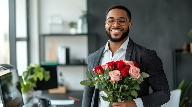 A smiling executive holding a bouquet of roses while standing near a sleek desk with modern gadgets