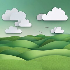 Obraz premium green hills grass and clouds paper style paper appliqué summer clear day landscape