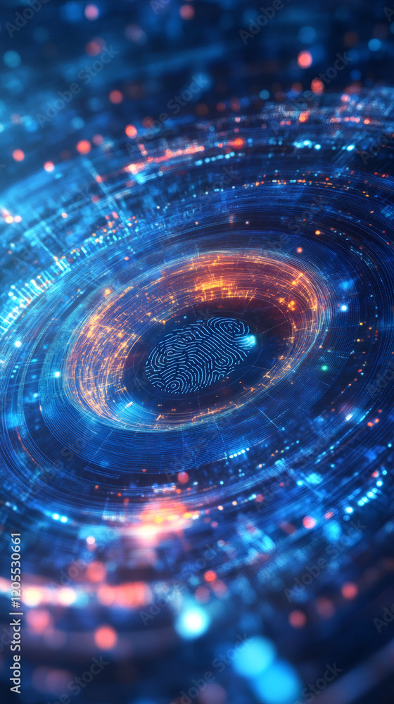 Poster fingerprint being scanned by futuristic digital interface with blue and orange lights, concept of cy