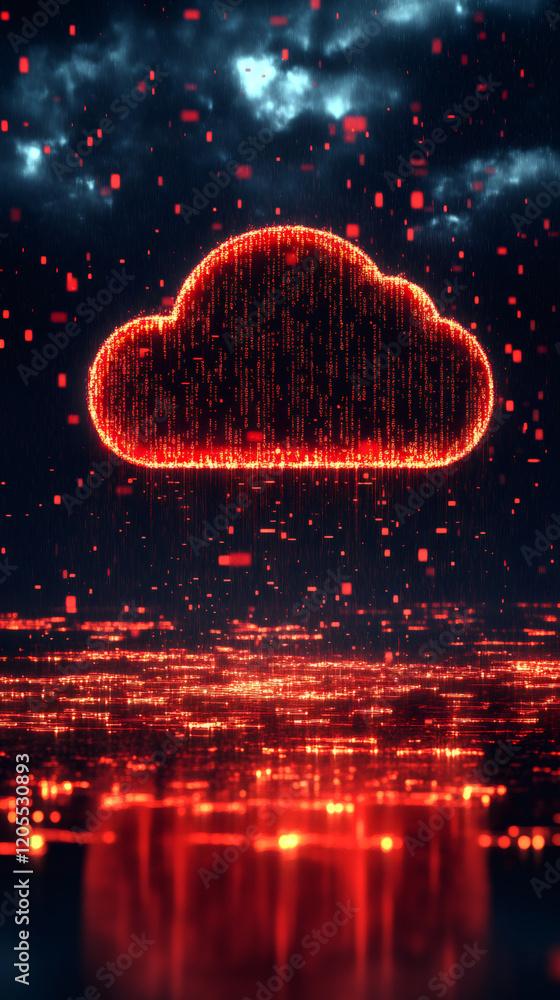 Poster cloud computing generating a downpour of data beneath a dark sky, illustrating the concepts of digit