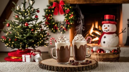 Festive photo with a Christmas tree, a wreath and a snowman. There are two mugs of hot chocolate with whipped cream and lollipops on the table. There is a fireplace with burning logs in the background