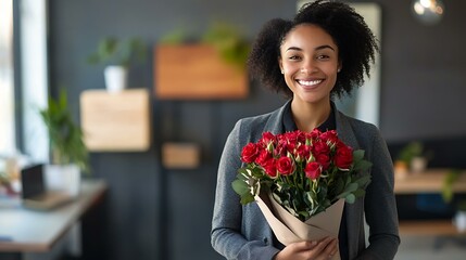A successful professional holding a bouquet of roses with a friendly demeanor in a contemporary office