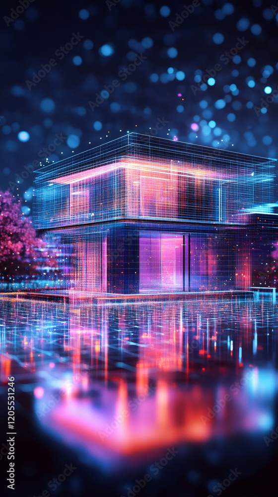 Poster glowing digital grid enveloping modern house, showcasing innovative smart home technology and futuri