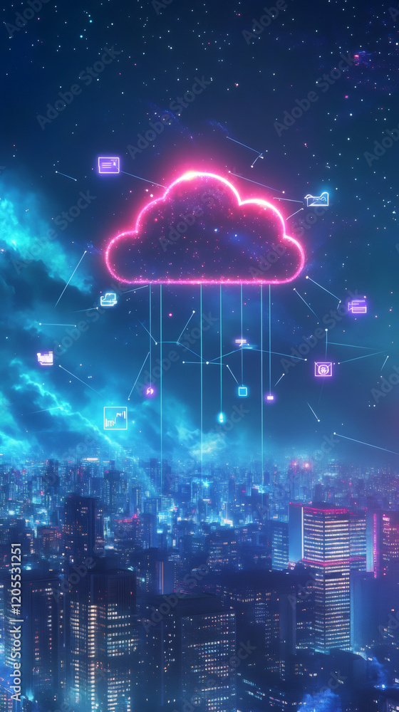 Leinwandbilder digital network streaming cloud data across illuminated metropolitan skyline, symbolizing technologi
