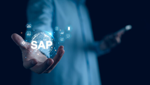 SAP System Application Products. Business process automation and management software concept. Businessman presents network technology, integration process automation, management digital cloud data