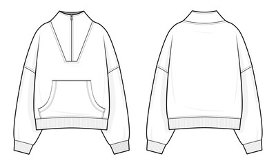 Oversized Quarter-Zip Pullover Sweatshirt Mockup – Streetwear Template with Kangaroo Pocket – Front and Back View – Vector Fashion Design