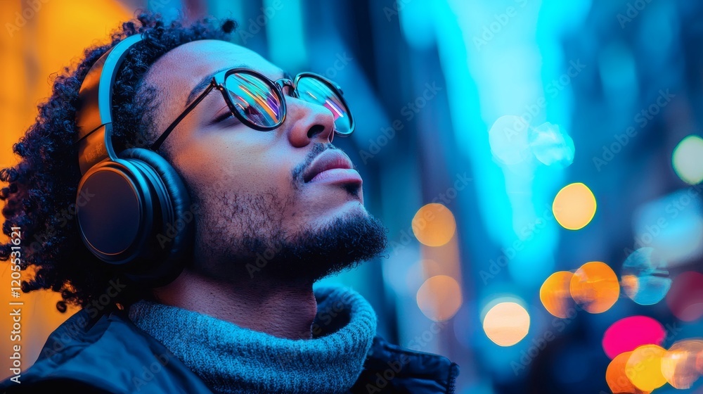 Poster professional using headphones and a noise-canceling microphone for a focused virtual meeting stock p