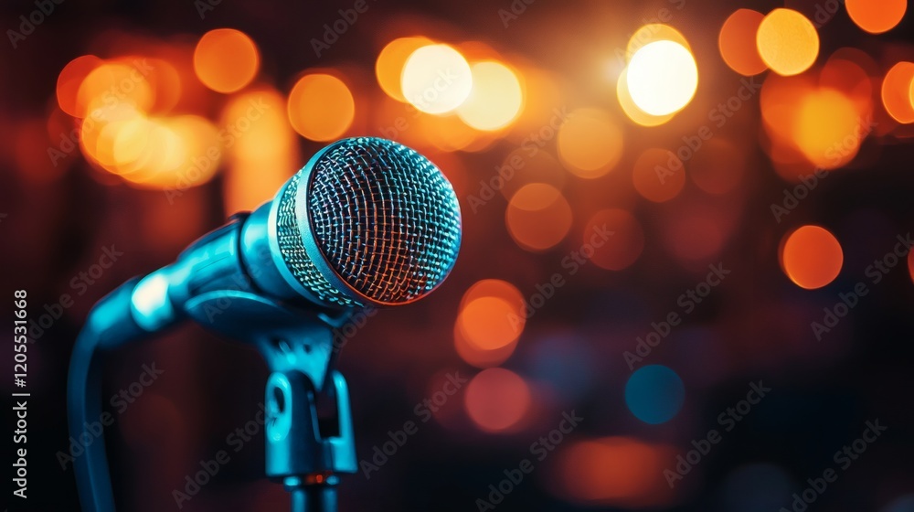 Poster Virtual meeting interface showing active speaker highlighted and participants with muted microphones Stock Photo with side copy space