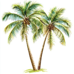 Tall coconut palm trees with lush green fronds and coconuts