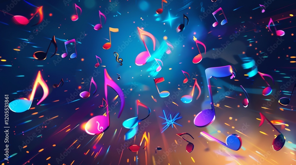 Poster abstract music notes with glowing lines and sparks on a dark background.
