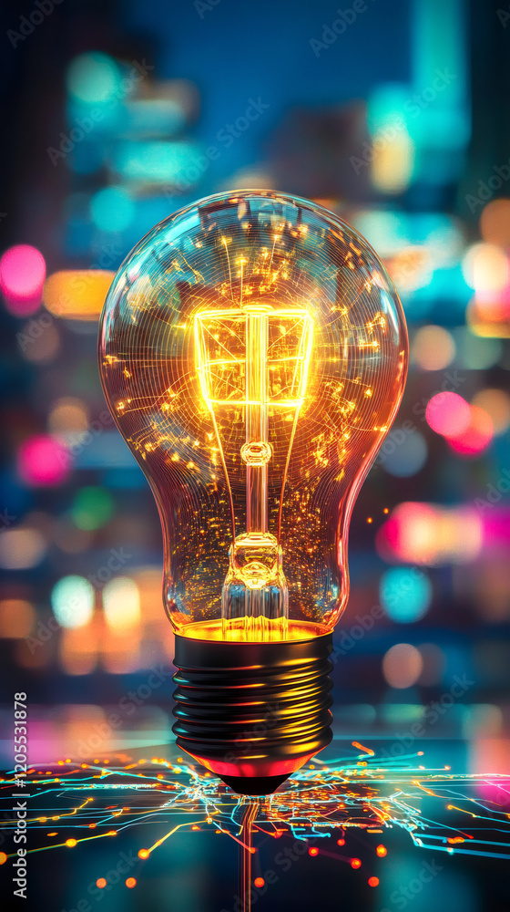 Poster Glowing networked lightbulb projecting digital connections over blurred urban landscape, symbolizing technological advancement