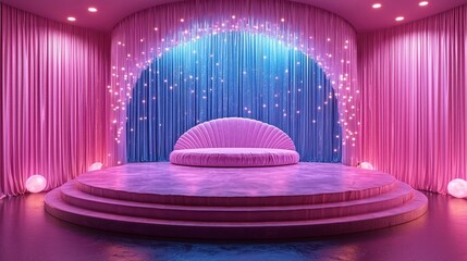 Pink stage with shell-shaped sofa, illuminated backdrop, and soft lighting.