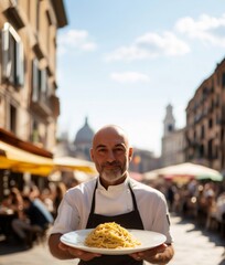 Smiling chef holding plate of spaghetti in outdoor restaurant in rome, italy