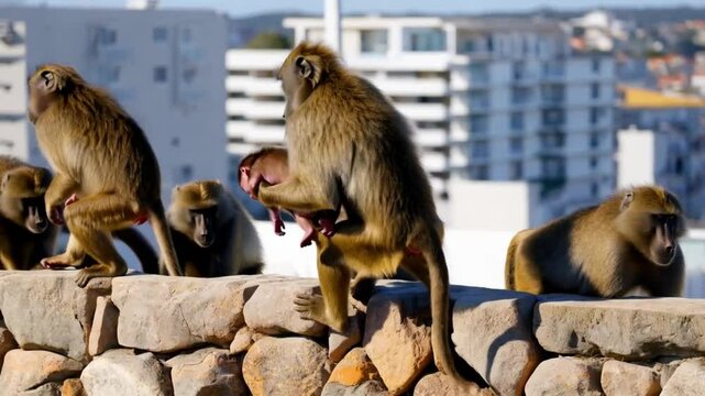 Mother baboon carrying her baby and walk away. Baboons family walking on stone fence of Simon town in South Africa. Beautiful shot Baboons family walking at urban background. Wild life animals nature