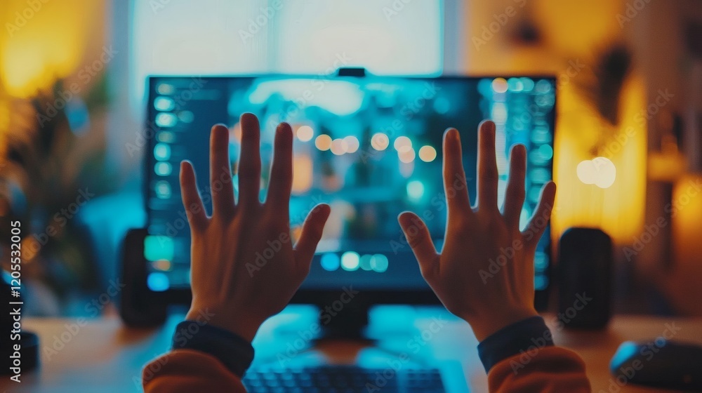 Poster Close-up of a video call interface with participants raising virtual hands to ask questions Stock Photo with side copy space