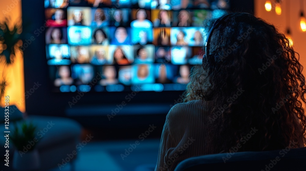 Poster Freelancer using a background blur feature for privacy during a video conference call Stock Photo with side copy space